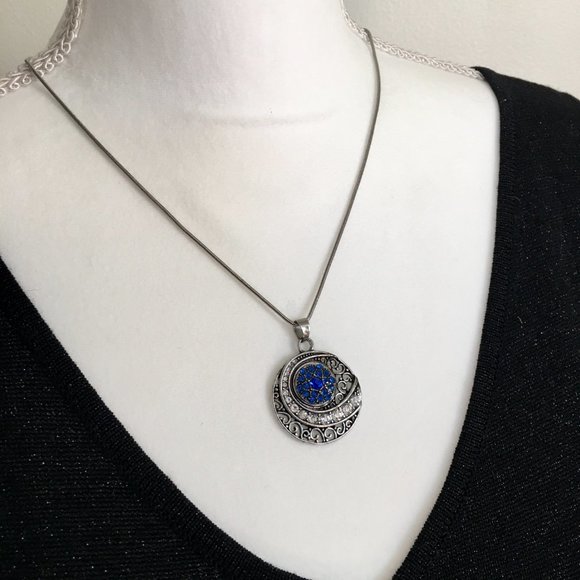 Silver Tone Blue Rhinestone Medallion Necklace - Picture 6 of 7
